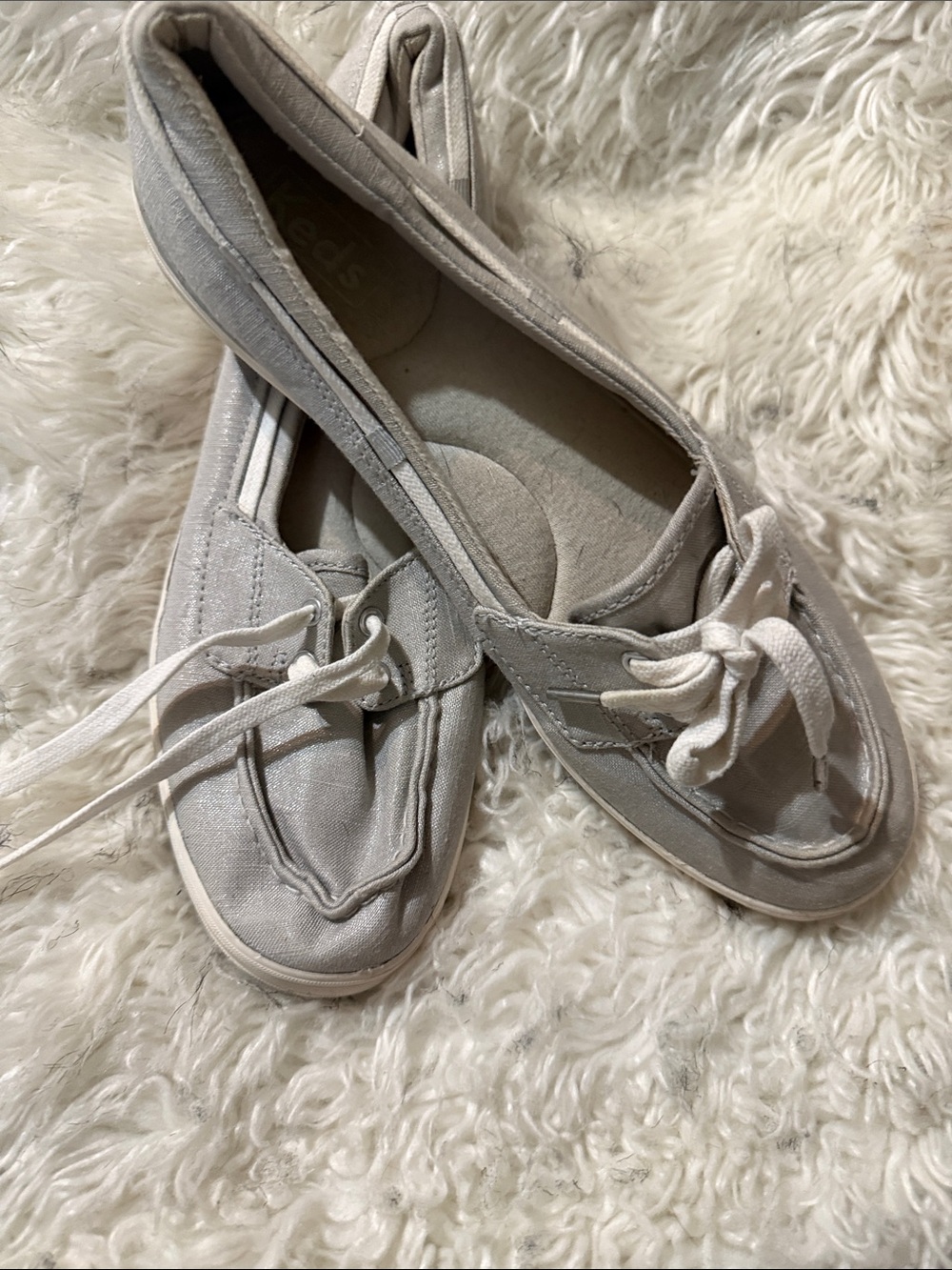 Women’s Light Gray Silvery Canvas Boat Shoes with Lace-Up Detail. Worn 1 time